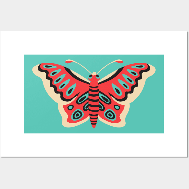 FOLK FLUTTER Folk Art Butterfly in Retro Red Turquoise Black Cream - UnBlink Studio by Jackie Tahara Wall Art by UnBlink Studio by Jackie Tahara